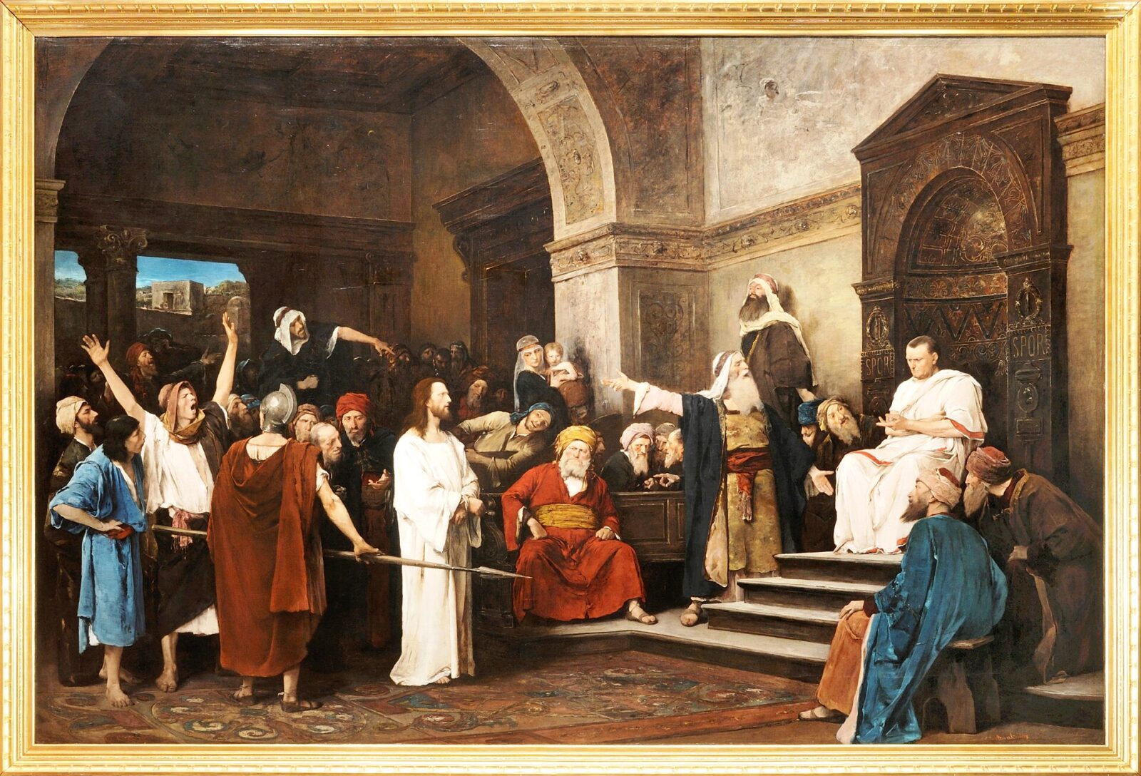 Mihály Munkácsy’s painting of Christ in a white robe standing before Pilate’s seat as a crowd presses into the hall