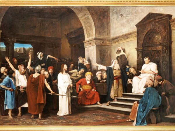 Mihály Munkácsy’s painting of Christ in a white robe standing before Pilate’s seat as a crowd presses into the hall
