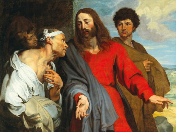 A painting from the workshop of Anthony van Dyck showing the paralyzed man lowered before Jesus and the onlookers