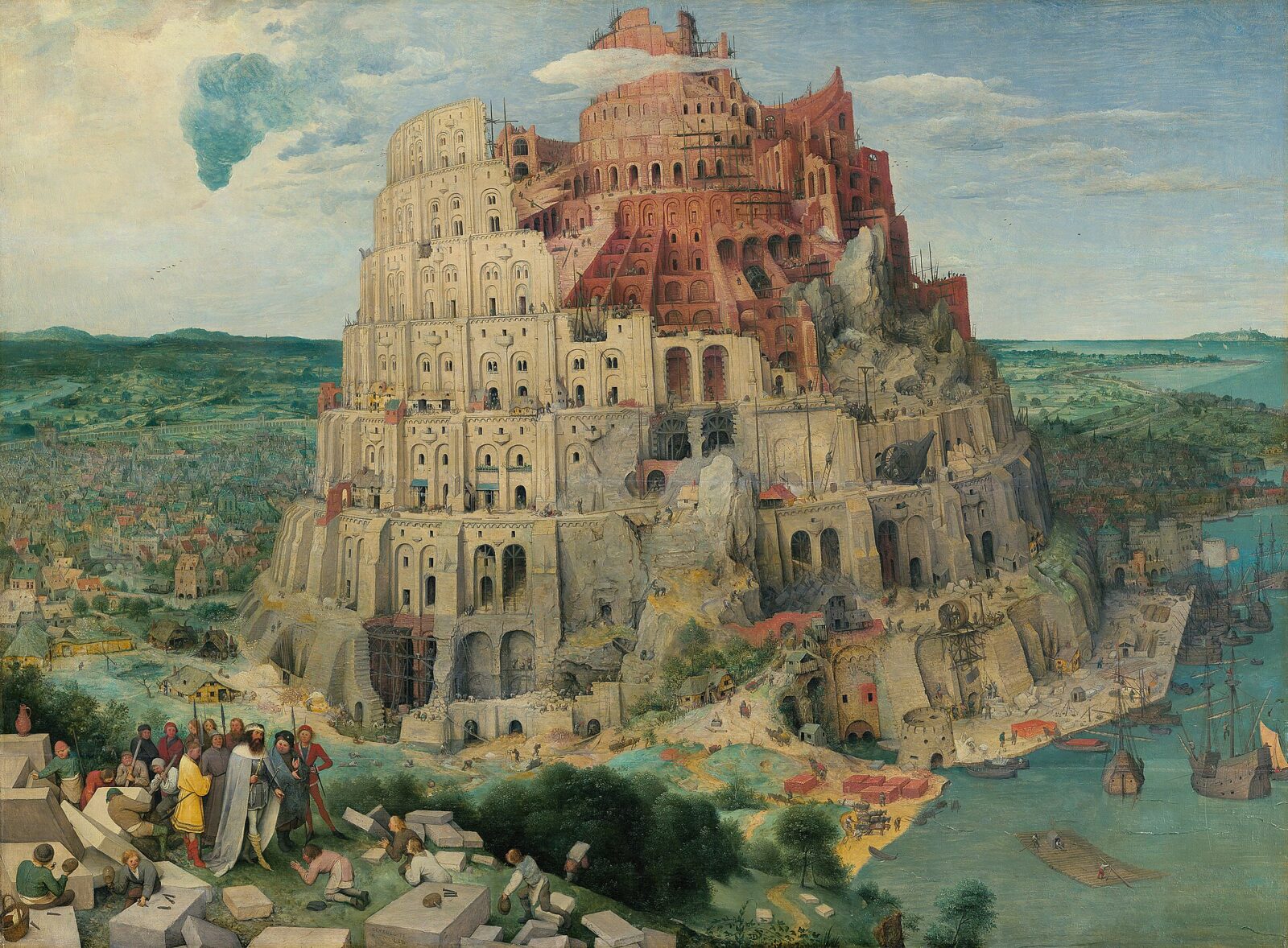 Pieter Bruegel the Elder’s painting of the Tower of Babel rising over a harbor city, with workers swarming its tiers