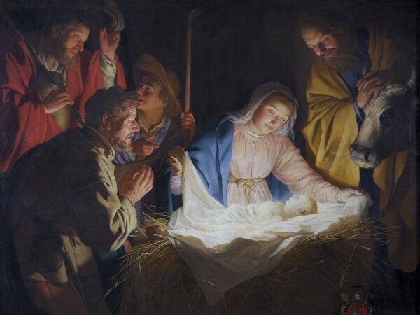 Gerard van Honthorst’s painting of shepherds gathered around the newborn Christ, his body lighting their faces in the dark