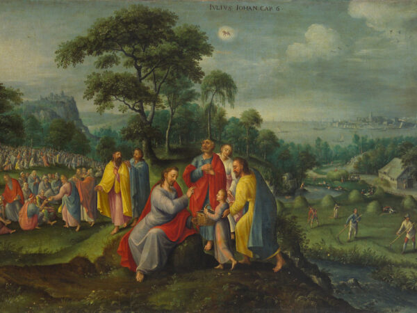 Marten van Valckenborch’s painting of a crowd seated across a hillside landscape as loaves and fish are shared