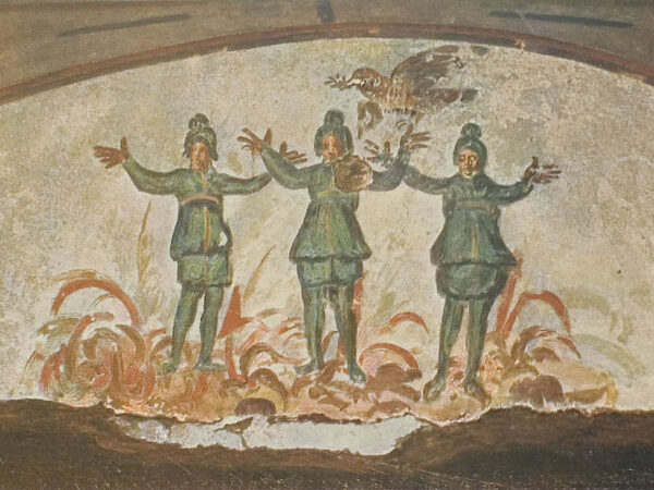 A third-century catacomb painting of Shadrach, Meshach and Abednego standing in the fiery furnace with their hands raised in prayer