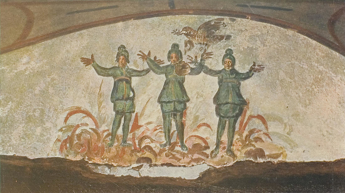 A third-century catacomb painting of Shadrach, Meshach and Abednego standing in the fiery furnace with their hands raised in prayer