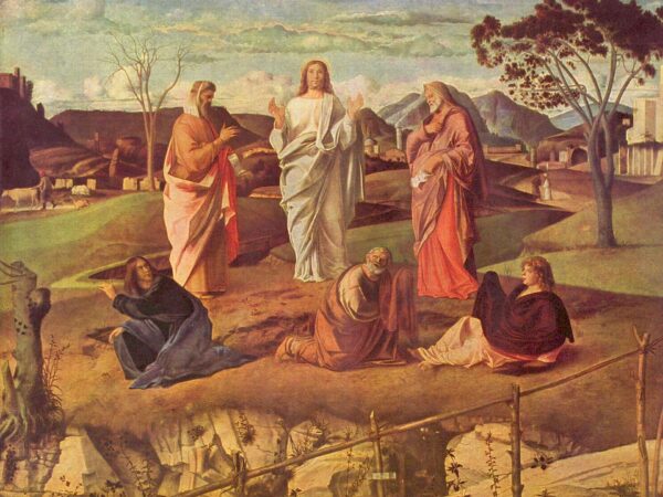 Giovanni Bellini’s painting of the transfigured Christ in white between Moses and Elijah, with Peter, James and John on the ground below