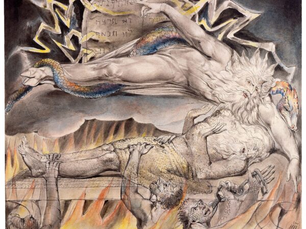 William Blake’s watercolor Job’s Evil Dreams: Job lies on a bed amid flames while a serpent-wrapped figure looms over him in front of the tablets of the law
