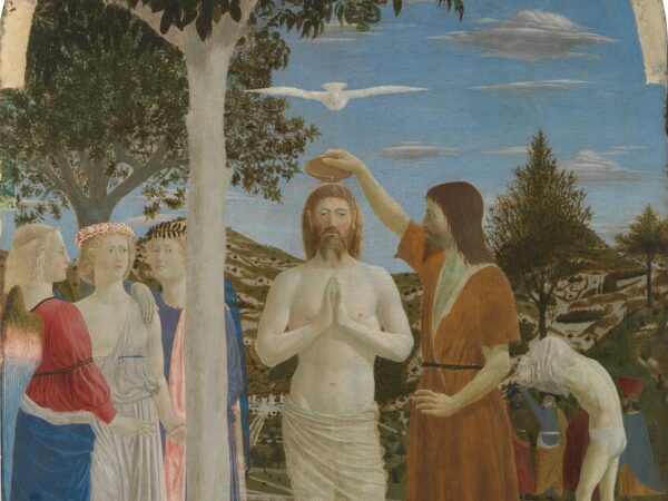 Piero della Francesca’s painting of John the Baptist pouring water over Christ in the river Jordan, with three angels standing by