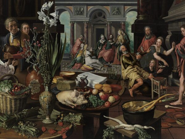 Martha stands in a kitchen full of food while, in the room behind, Christ teaches Mary at his feet.