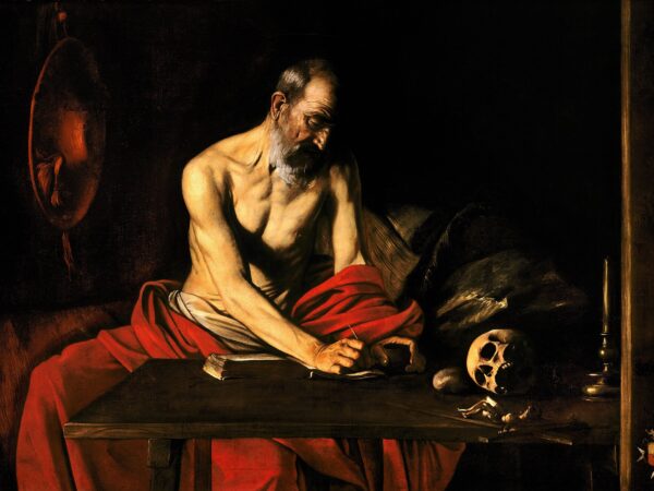 Caravaggio’s painting of Saint Jerome, an old man bare to the waist in a red drape, writing at a table beside a skull