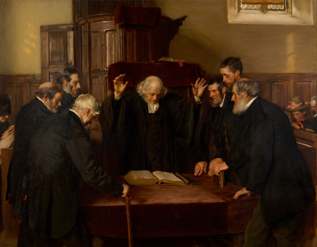 John Henry Lorimer’s painting of a minister with raised hands ordaining elders who stand around a table with an open Bible