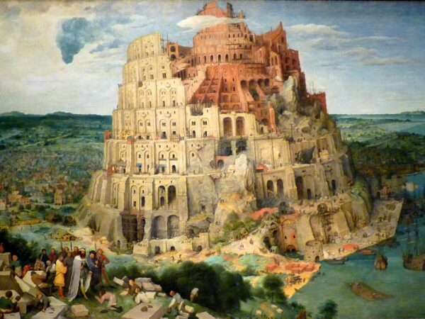 Pieter Bruegel the Elder’s painting of the unfinished Tower of Babel rising over a harbor town