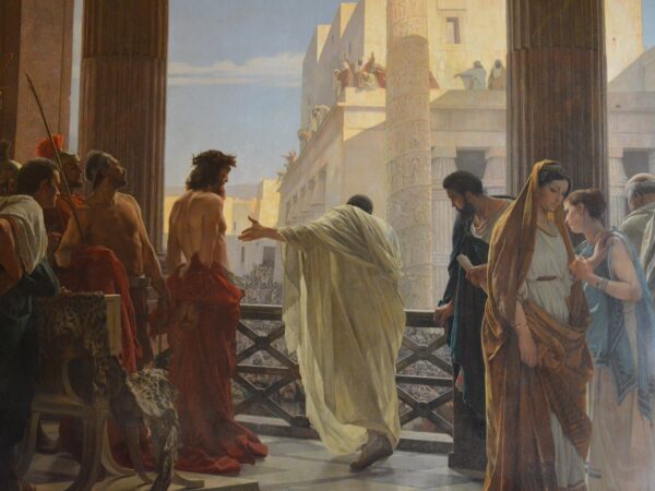 Pilate presents the bound Christ to the crowd from a palace balcony in Jerusalem.