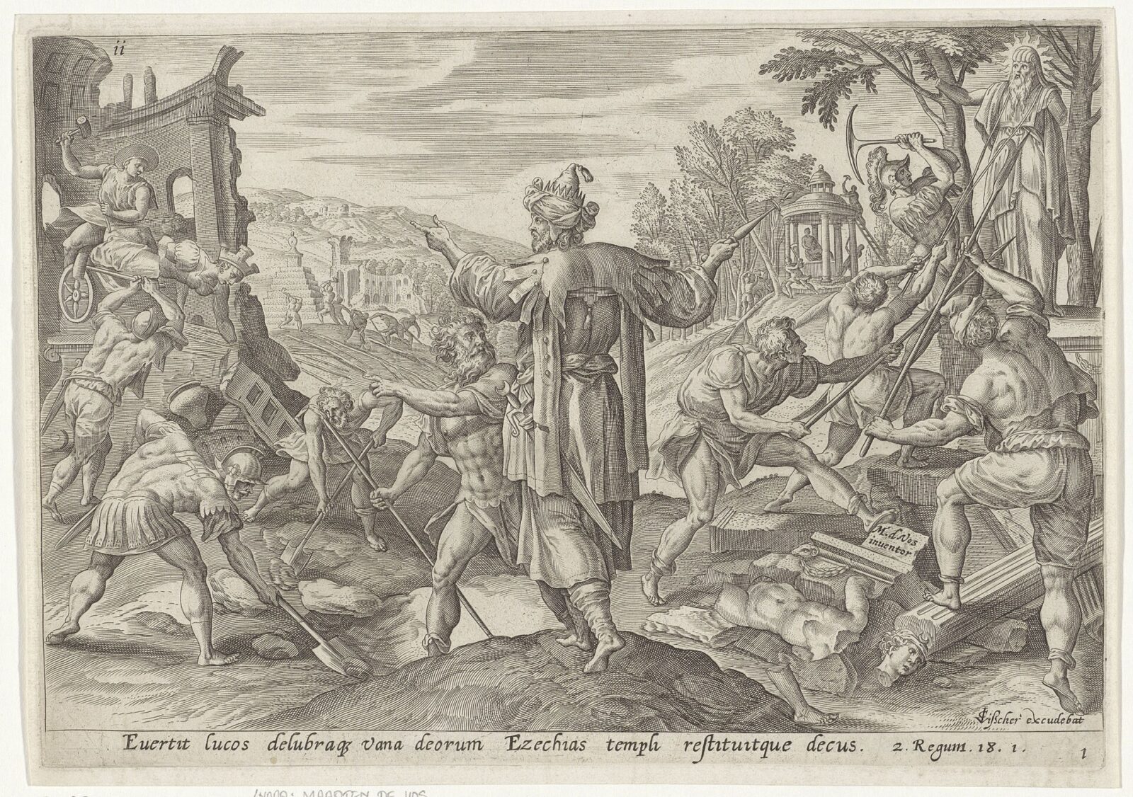 King Hezekiah directs his men as they pull down idols, altars and sacred poles.