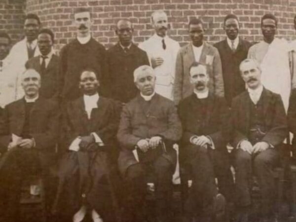 Presbyterian ministers and elders in a group portrait at the ordination of Harry Kambwiri Matecheta.