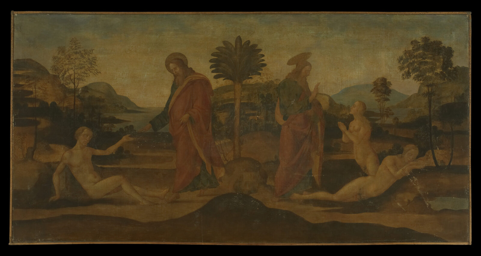 God forms Adam and then Eve in a wide green landscape of trees and hills.