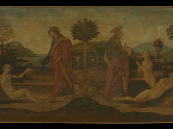God forms Adam and then Eve in a wide green landscape of trees and hills.