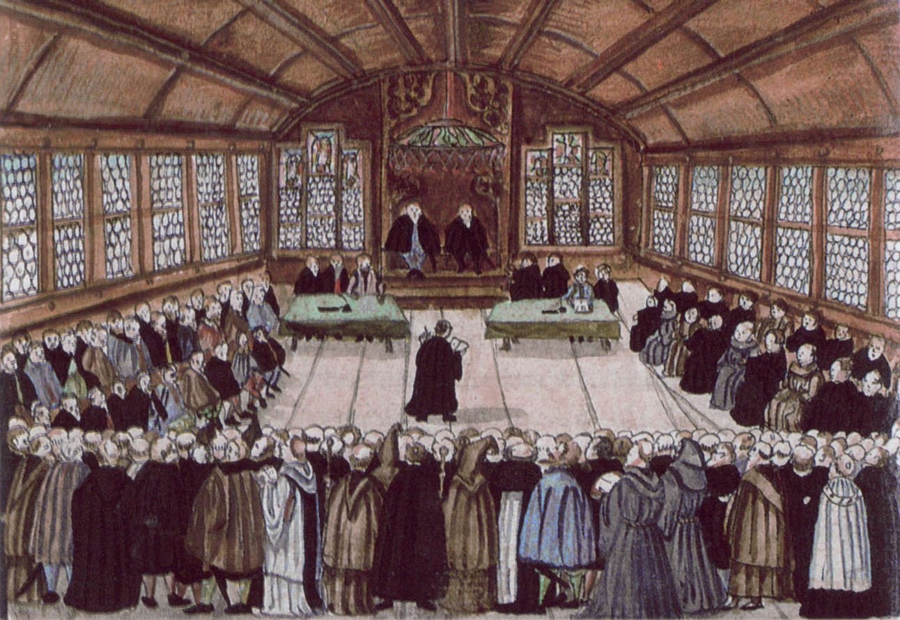 Zwingli and the Zurich council meet around a table to debate the faith in 1523.
