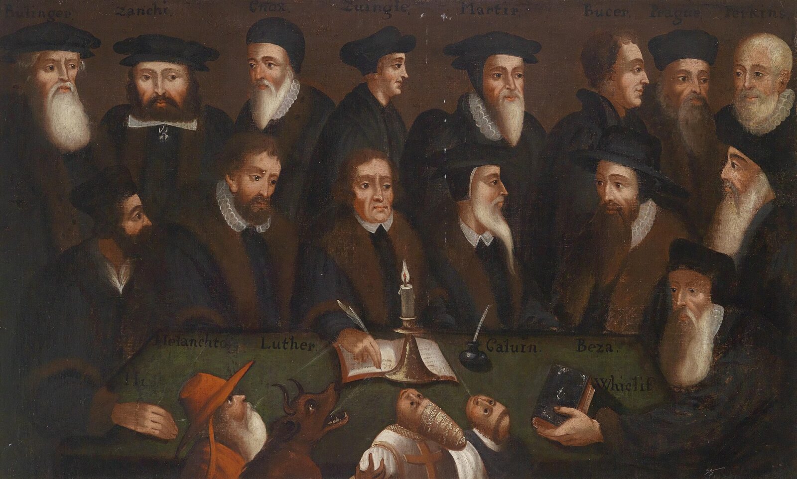 An anonymous group portrait of Luther, Calvin, Melanchthon, Beza and other Reformers gathered around a table with a candle and an open book