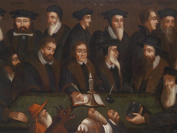 An anonymous group portrait of Luther, Calvin, Melanchthon, Beza and other Reformers gathered around a table with a candle and an open book