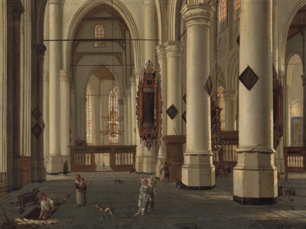 The light-filled interior of a whitewashed Gothic church, with tall columns and a few people walking across the floor.