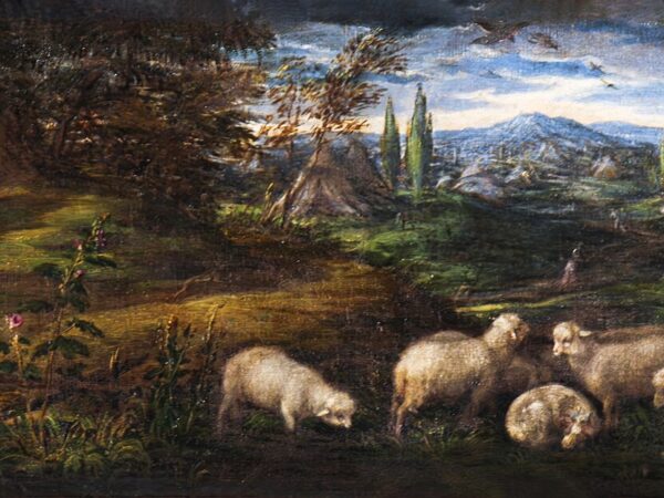 Moses kneels before a burning bush in a wide pastoral landscape with shepherds and flocks.