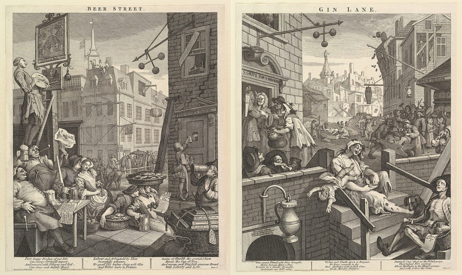 William Hogarth’s paired prints Beer Street and Gin Lane, a prosperous street beside a ruined one, showing drink and decay in eighteenth-century London