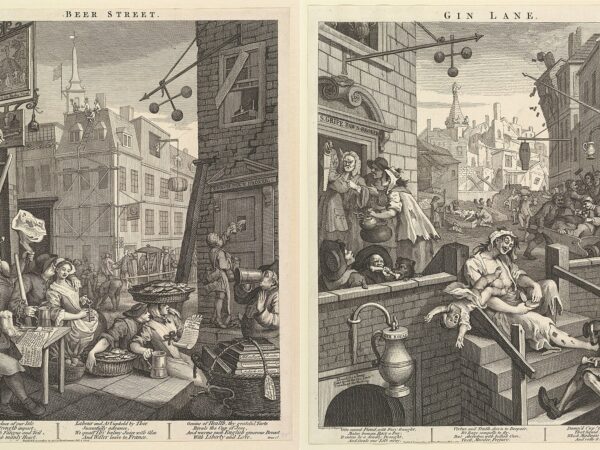 William Hogarth’s paired prints Beer Street and Gin Lane, a prosperous street beside a ruined one, showing drink and decay in eighteenth-century London