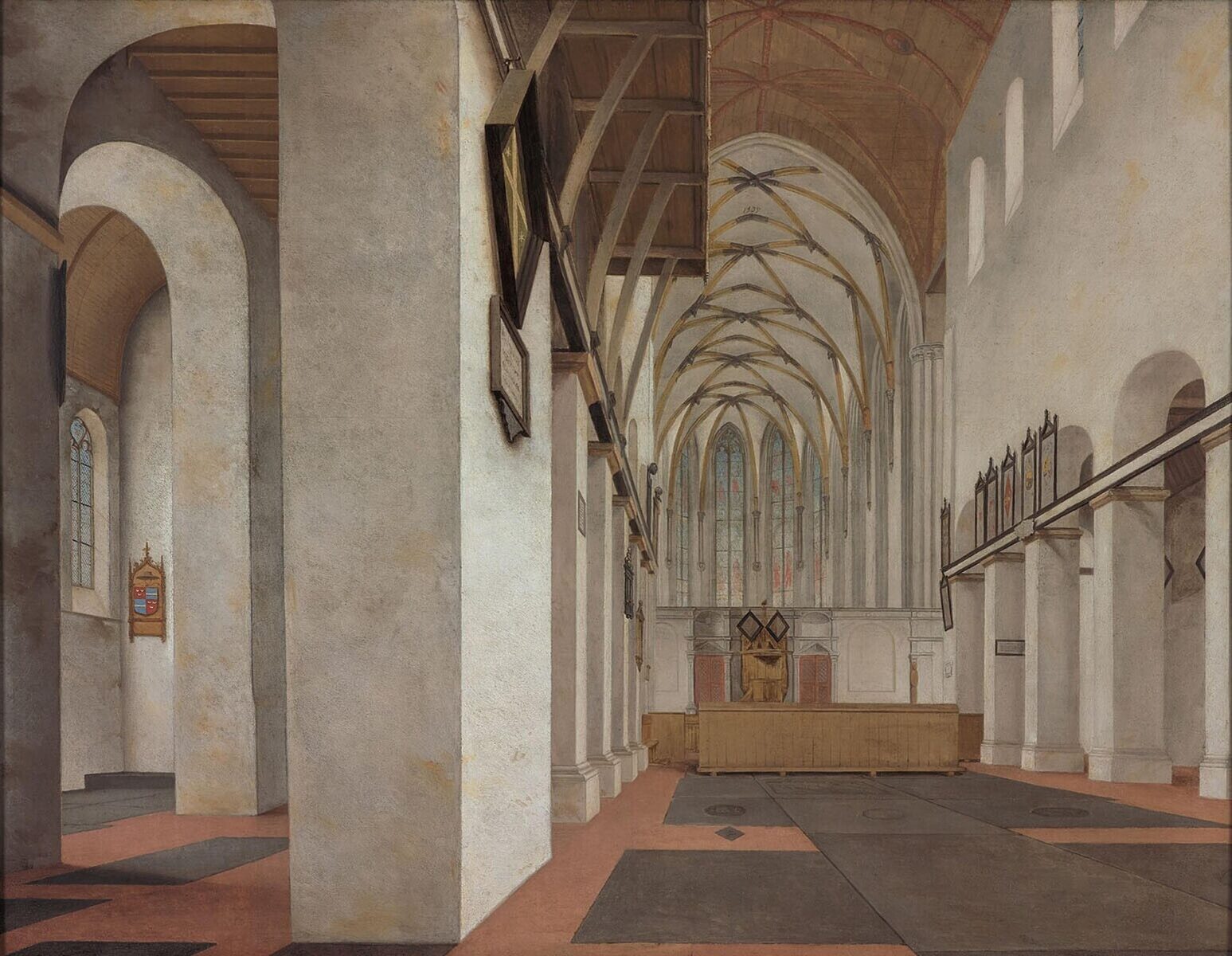 Pieter Saenredam’s painting of a whitewashed church interior with a long nave, ribbed vaults and tall windows at the far end