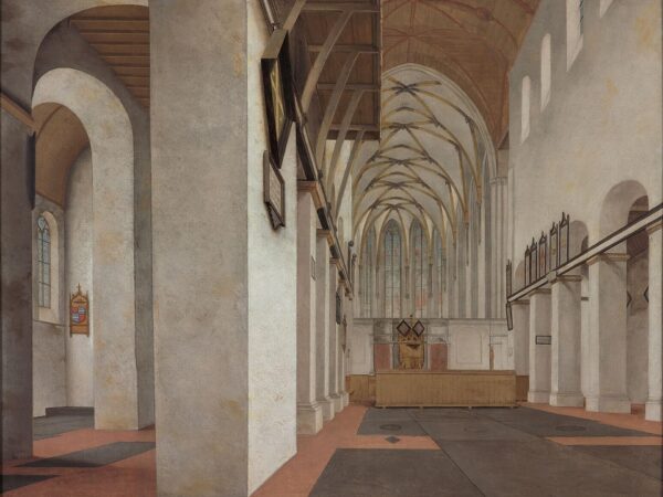 Pieter Saenredam’s painting of a whitewashed church interior with a long nave, ribbed vaults and tall windows at the far end