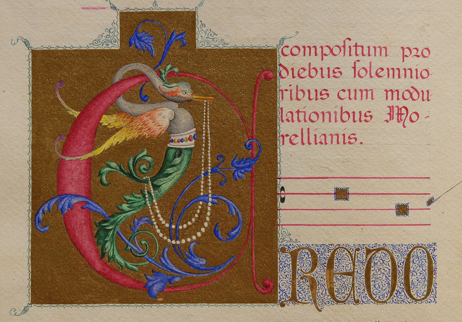 An illuminated manuscript page with a painted initial and the opening of the Credo set to music.