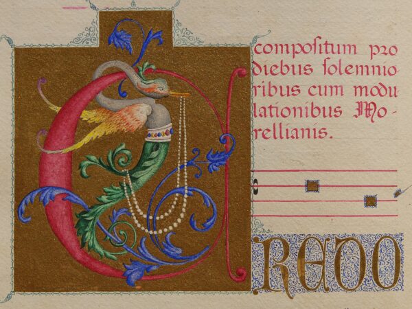 An illuminated manuscript page with a painted initial and the opening of the Credo set to music.