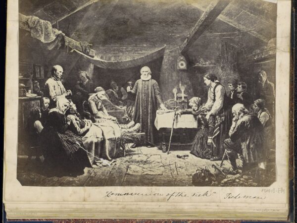 A pastor gives communion to a sick woman in her bed in a Norwegian farmhouse.
