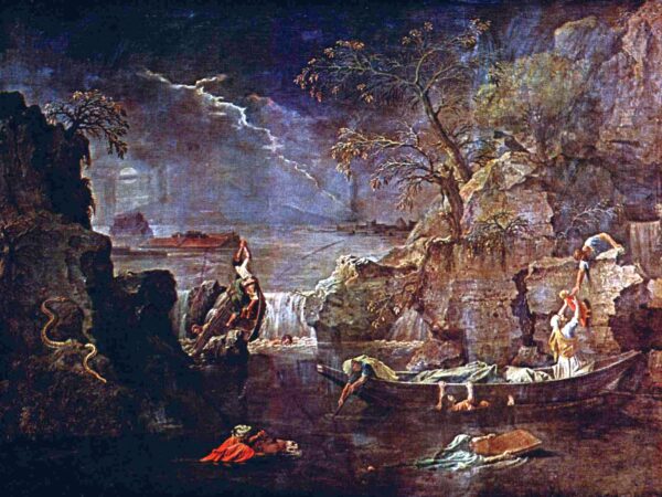 Dark floodwaters cover the land under a stormy sky as people struggle to save themselves, with the ark in the distance.