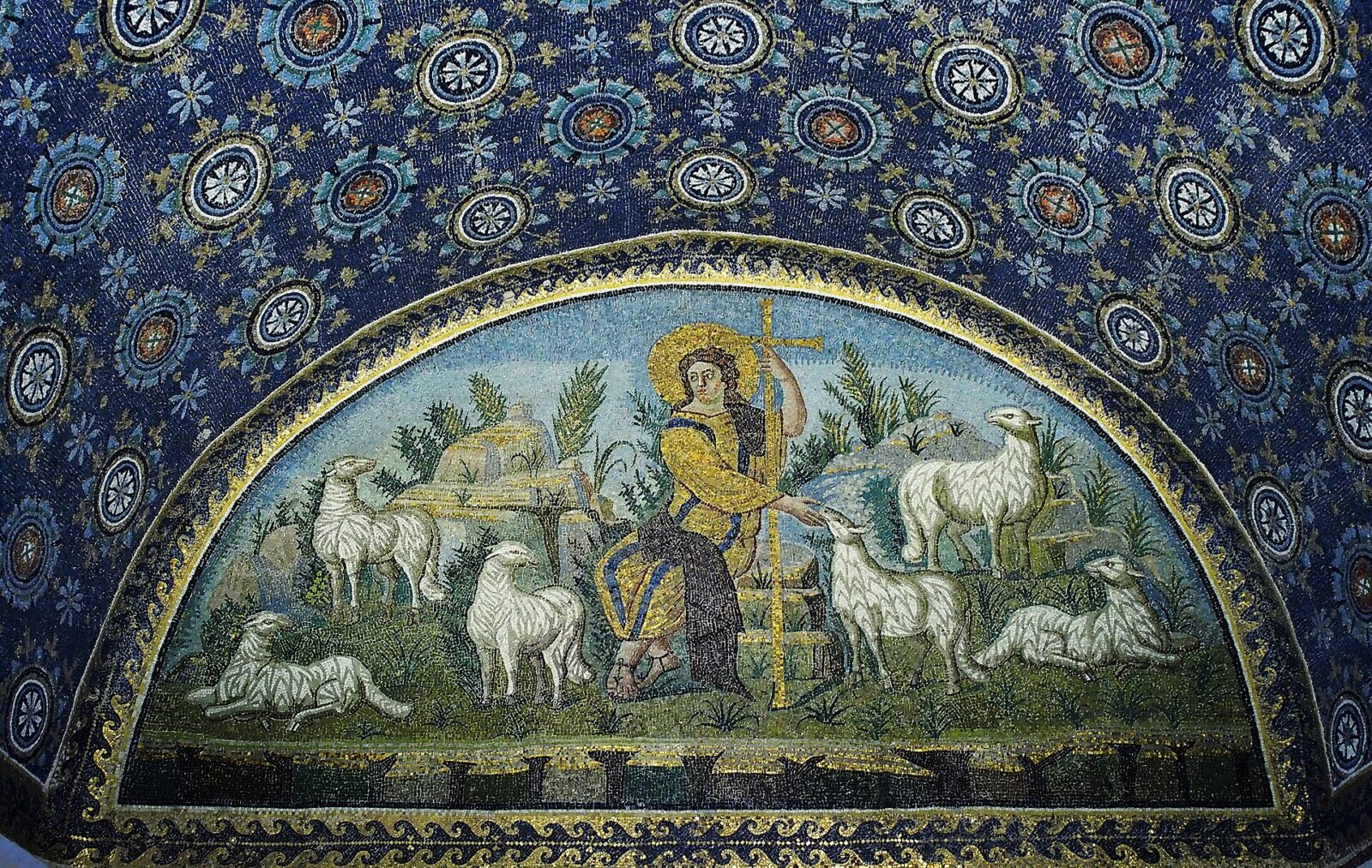 A fifth-century mosaic of Christ as the Good Shepherd with his sheep, in Ravenna