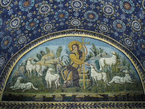 A fifth-century mosaic of Christ as the Good Shepherd with his sheep, in Ravenna