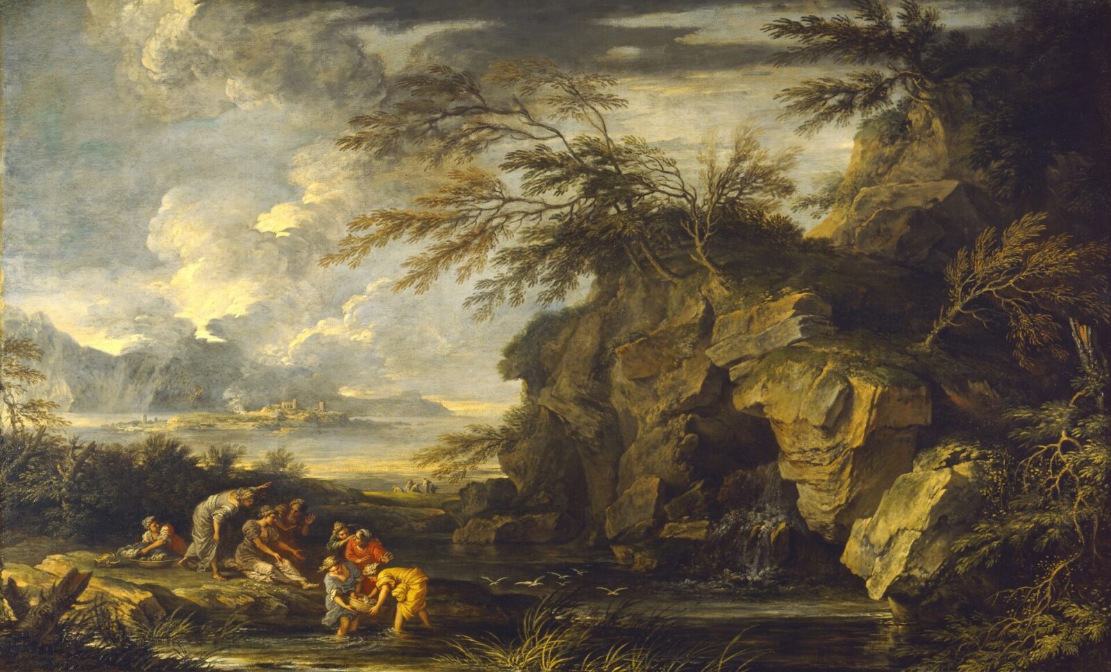 Women gather around the infant Moses on a riverbank beneath rocky cliffs and trees.