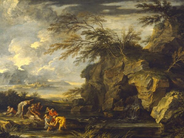 Women gather around the infant Moses on a riverbank beneath rocky cliffs and trees.