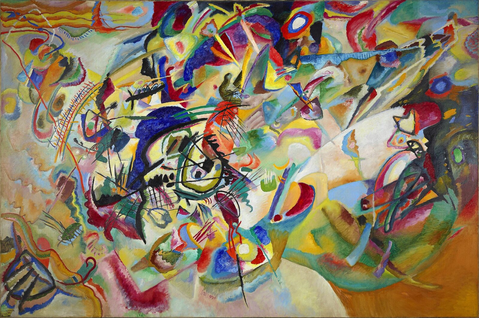 Wassily Kandinsky’s Composition VII, a tangle of bright colours and broken shapes with no recognisable scene