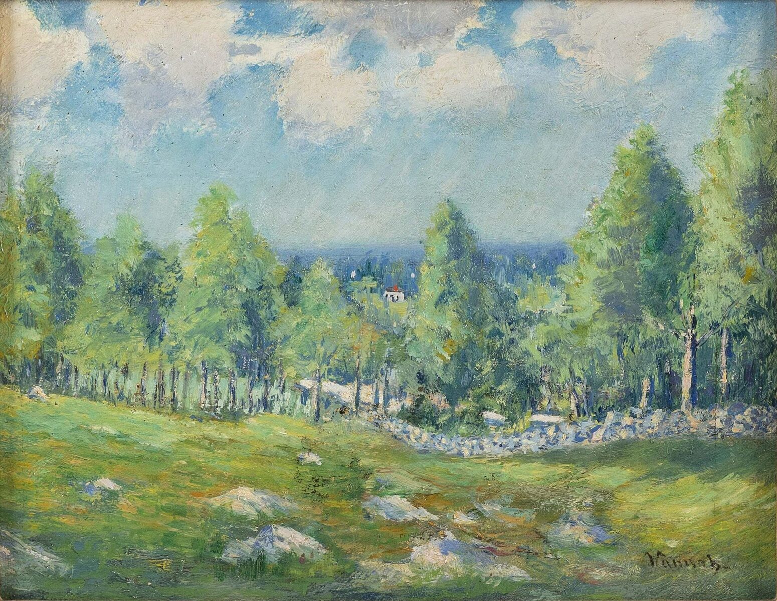 Robert Vonnoh’s painting of a New England field divided by an old stone wall under a soft sky