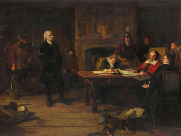 Robert Herdman’s painting of a Covenanting field preacher standing before seated magistrates and soldiers