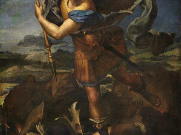 Raphael’s painting of the archangel Michael in armour with his spear raised over the dragon-like Satan