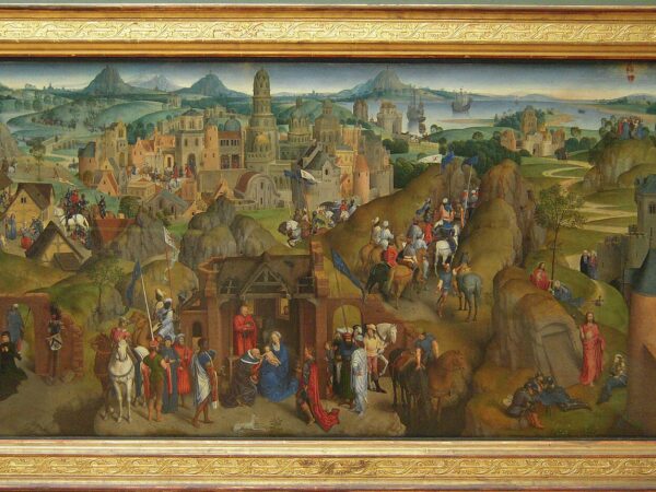 Many scenes from the life of Christ and Mary unfold across one wide landscape, from the Annunciation to Pentecost.
