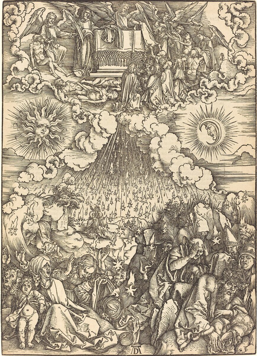 Albrecht Dürer’s woodcut of the opening of the fifth and sixth seals, with martyrs beneath the altar and stars falling from the sky
