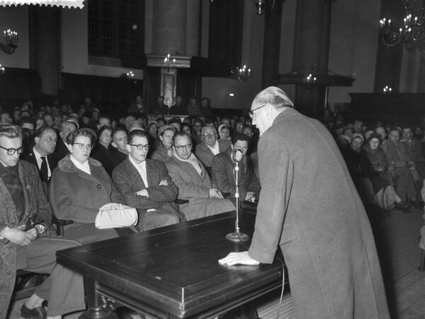 Martin Niemöller, a leader of the Confessing Church, photographed in the Westerkerk in Amsterdam
