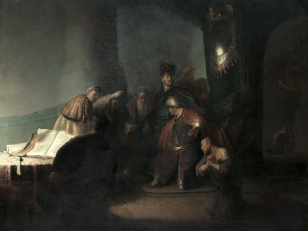 Judas kneels in anguish before the priests and elders, the silver coins thrown on the floor.