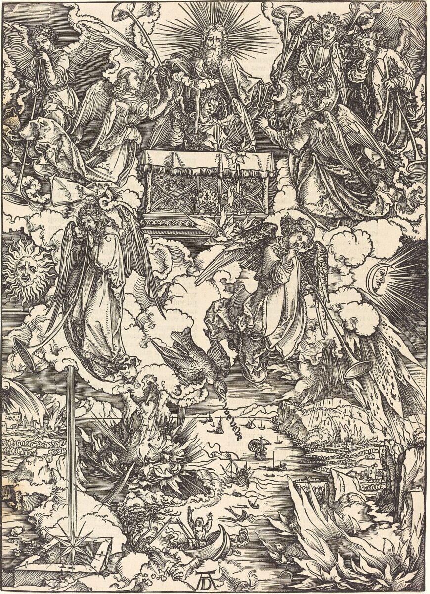 Albrecht Dürer’s woodcut of seven angels sounding trumpets as hail, fire and a falling star strike the earth