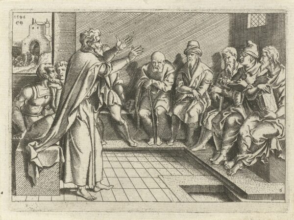 Paul preaches to Jewish listeners gathered in a synagogue.