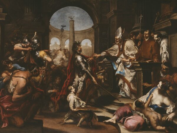 Bishop Ambrose bars the emperor Theodosius from entering the church.