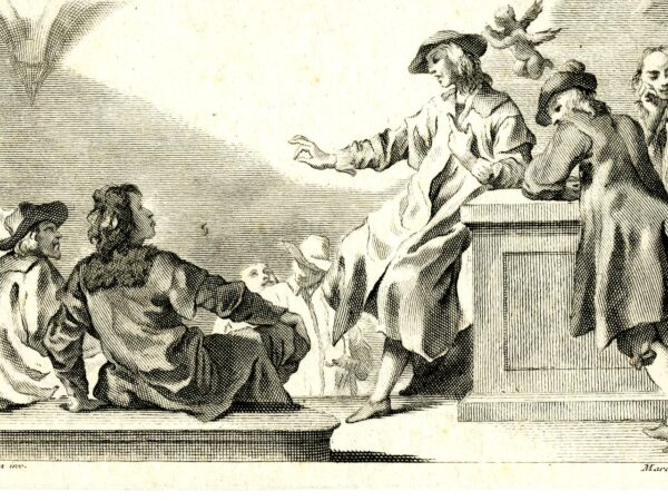 An engraving of John Calvin preaching to a group of men, some seated and some standing.