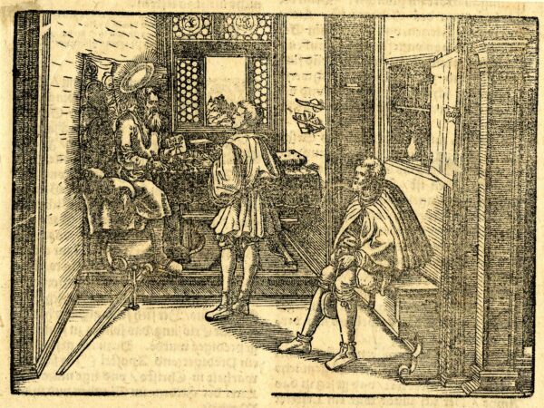 The apostle Paul sits at his desk and hands a letter to a messenger.